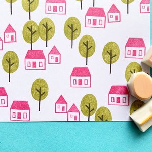 Little Town Rubber Stamp Set | Hand Carved Stamps | House & Tree Designs
