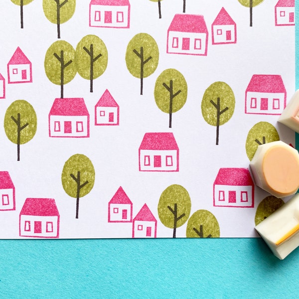 Little town rubber stamp set, House & tree stamps, Hand carved stamps by talktothesun