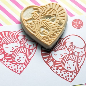 Cat lover rubber stamp, Boy girl cat & heart stamp, Hand carved stamp, Cat lover gift