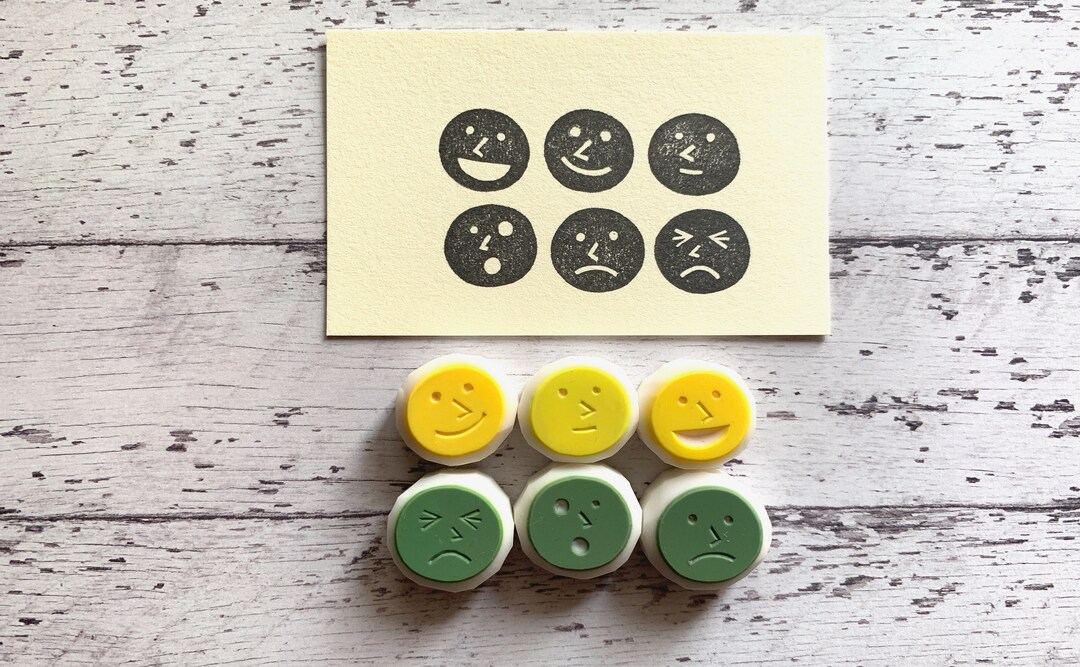 Emoji Rubber Stamp Set, Emotion Stamps, Hand Carved Stamps, Best Friend