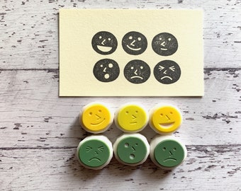 Emoji Rubber Stamp Set | Hand Carved Stamps | Face Expressions