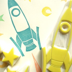 Rocket rubber stamp, Spaceship moon & star stamps, Hand carved stamps by talktothesun image 2