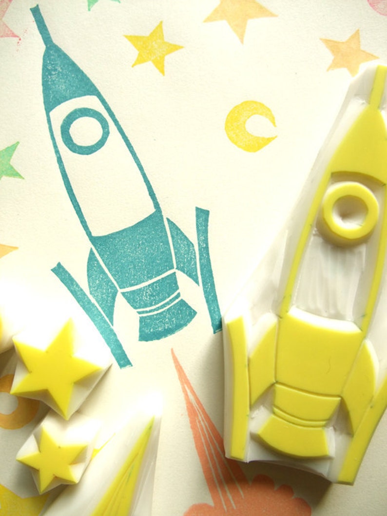 Rocket rubber stamp, Spaceship moon & star stamps, Hand carved stamps by talktothesun image 2