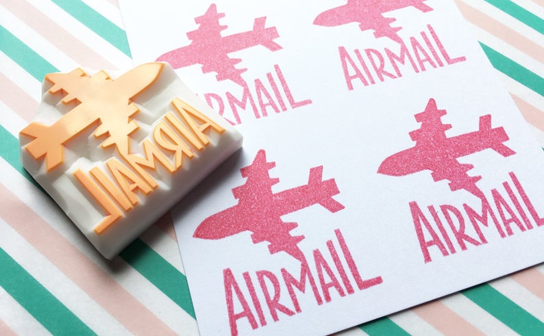 Airmail rubber stamp, Snail mail stamp, Hand carved stamp by talktothesun, Pen pal gift image 3