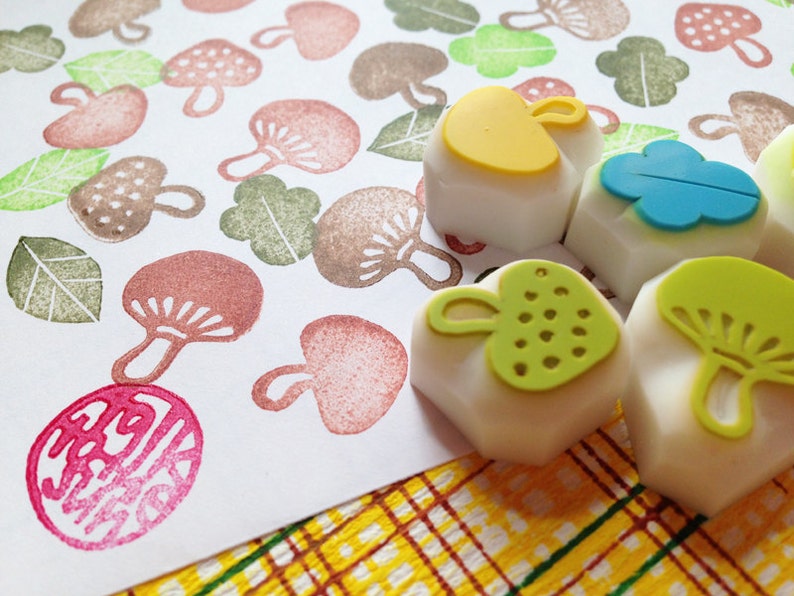 Mushroom & leaf rubber stamp set, Hand carved stamps by talktothesun, Gift for friends image 4