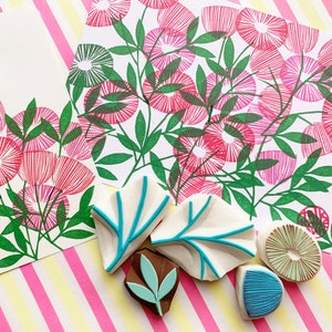 Flower and Leaf Hand Carved Rubber Stamp Set : Botanical Crafts, Card Making