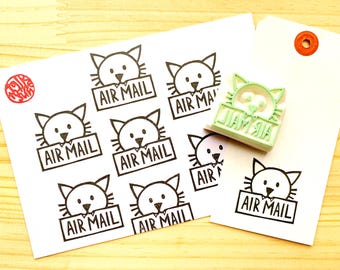 Cat Holding Airmail Rubber Stamp | Hand Carved Stamp | Snail Mail Art