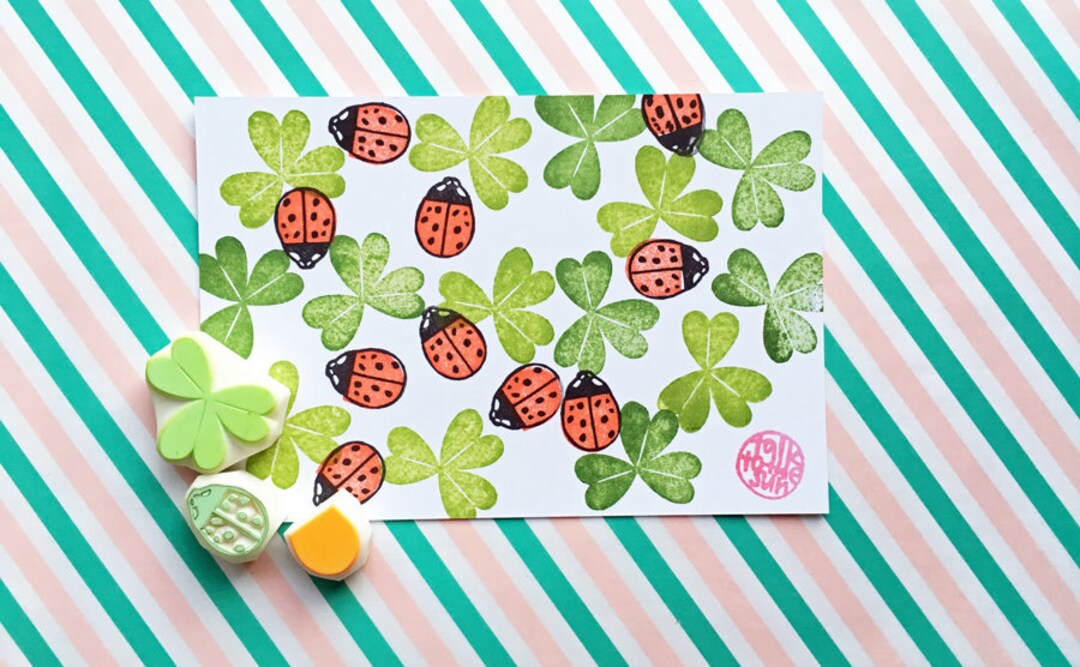 Ladybug & Clover Leaf Rubber Stamp Set, Insect Stamp, Hand Carved ...