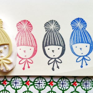 Boy wearing knitted hat rubber stamp, Hand carved stamp by talktothesun, Gift for kids