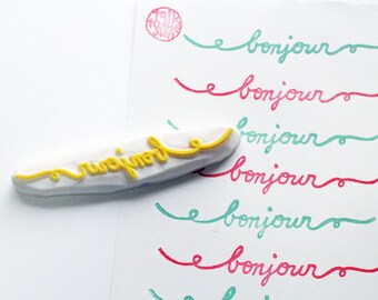 bonjour rubber stamp | hello calligraphy stamp | diy snail mail planner | holiday gift wrapping | hand carved by talktothesun