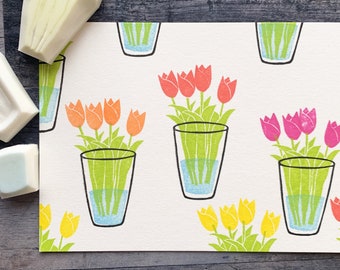 Tulip rubber stamp, Flower & flower vase stamps, Hand carved stamps by talktothesun