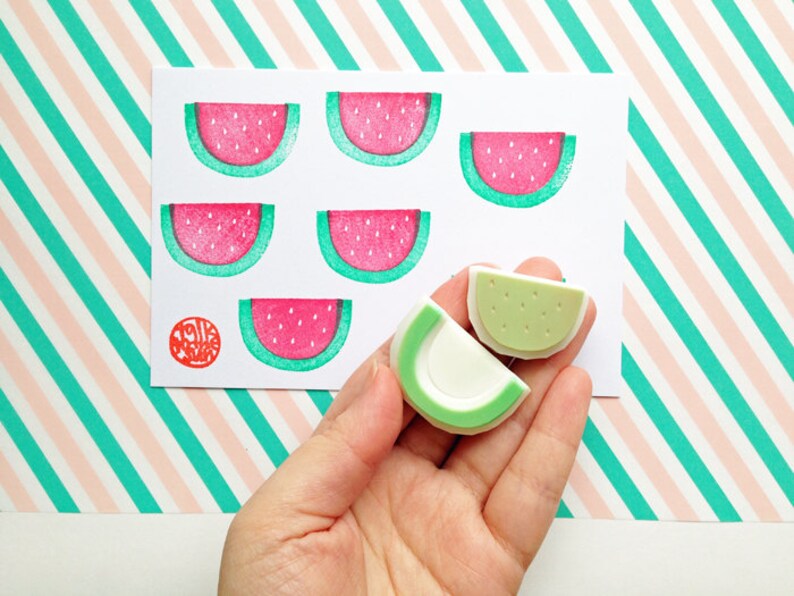 Watermelon rubber stamps, Tropical fruit stamp, Hand carved stamps image 2