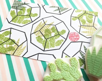 Terrarium rubber stamp set, Cactus & succulent stamps, Hand carved stamps by talktothesun