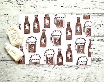 Beer Bottle & Glass Rubber Stamp Set | Hand Carved Stamps | Planner Journaling