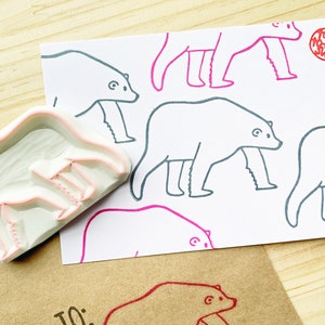 Tampon en caoutchouc ours polaire qui marche, tampon animal arctique, tampon sculpté à la main, cadeau artisanal pour enfants