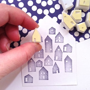 House rubber stamp set, Christmas village stamp, Hand carved stamps by talktothesun