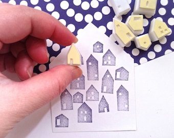 House rubber stamp set, Christmas village stamp, Hand carved stamps by talktothesun