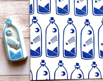 Hand Carved Celestial Potion Bottle Rubber Stamp: Style No.1