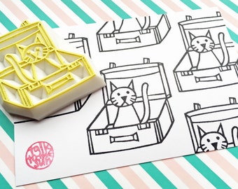 Cat in the suitcase rubber stamp, Hand carved stamp, Gift for cat lovers