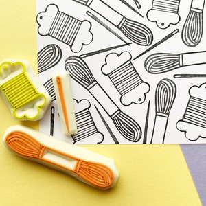 Embroidery rubber stamp set, Sewing needle embroidery floss & spool stamps, Hand carved stamps