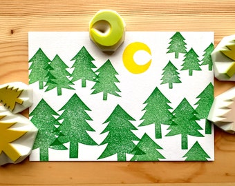 Tree & Moon Rubber Stamp Set | Hand Carved Stamps | Nature Inspired Design