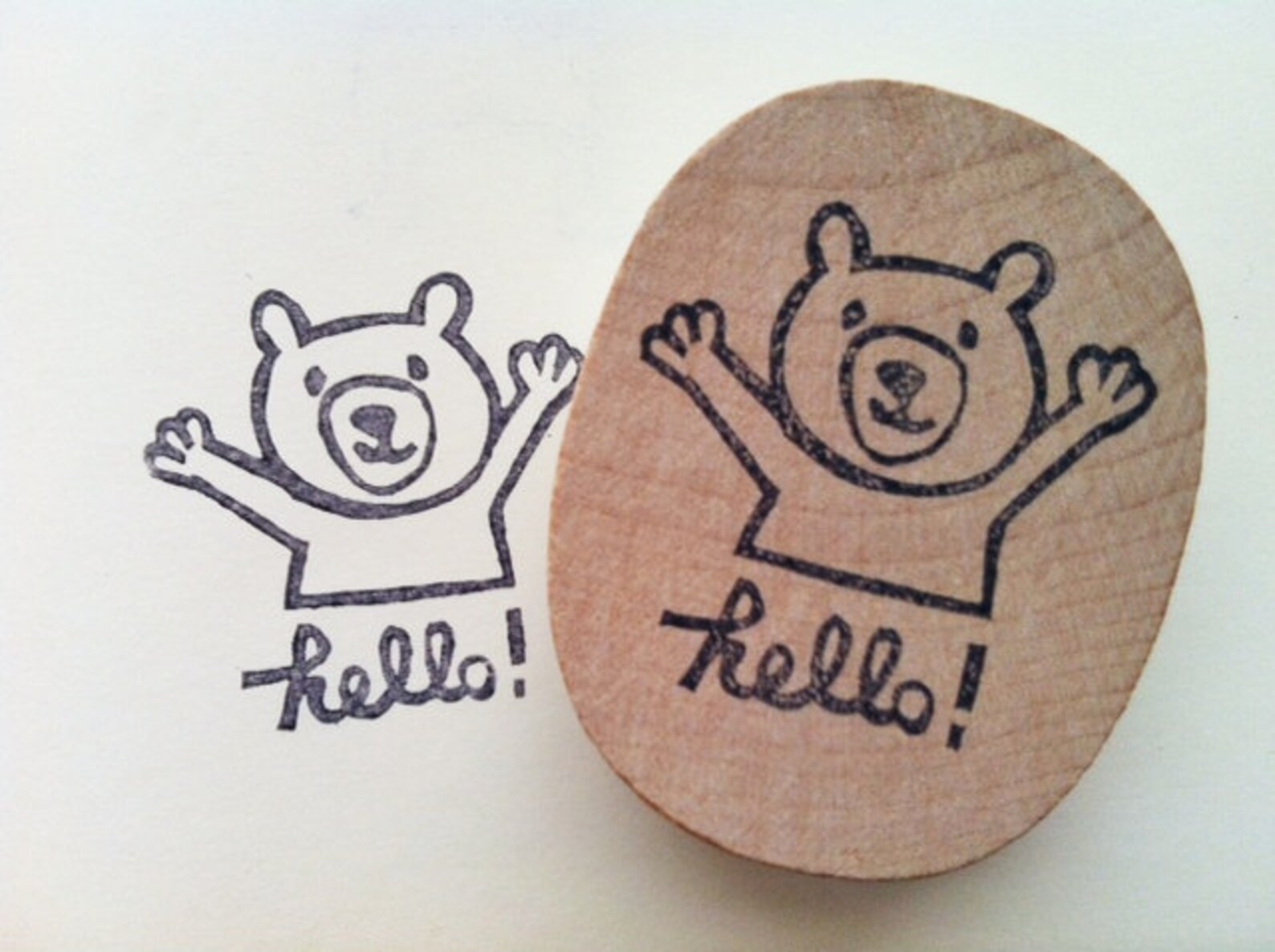 Teddy bear rubber stamp hello stamp hand carved stamp Etsy