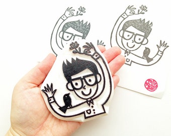 Boy and bird rubber stamp, Friendship stamp, Hand carved stamp by talktothesun
