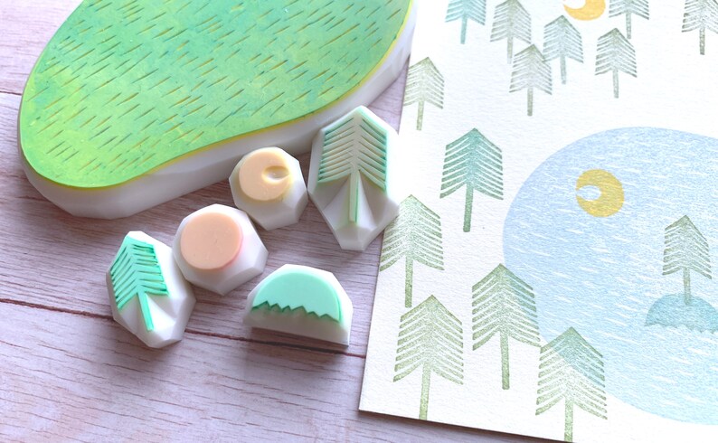 Paper Talktothesun Diy Crafts Card Making Woodland Rubber Stamp Set Lake Stamp Hand Carved Stamps Moon Stamp Sun Stamp Tree Stamps Paper Party Supplies