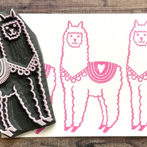 Llama rubber stamp, Happy alpaca stamp, Hand carved stamp by talktothesun image 1