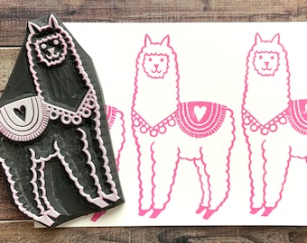 Llama rubber stamp, Happy alpaca stamp, Hand carved stamp by talktothesun, Gift for kids