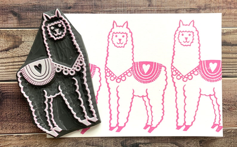 Llama rubber stamp, Happy alpaca stamp, Hand carved stamp by talktothesun image 1