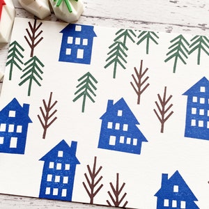 Winter street rubber stamp set, House & tree stamps, Hand carved stamps, Gift for family image 4