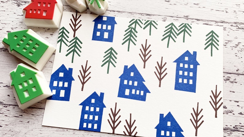 Winter street rubber stamp set, House & tree stamps, Hand carved stamps, Gift for family image 4