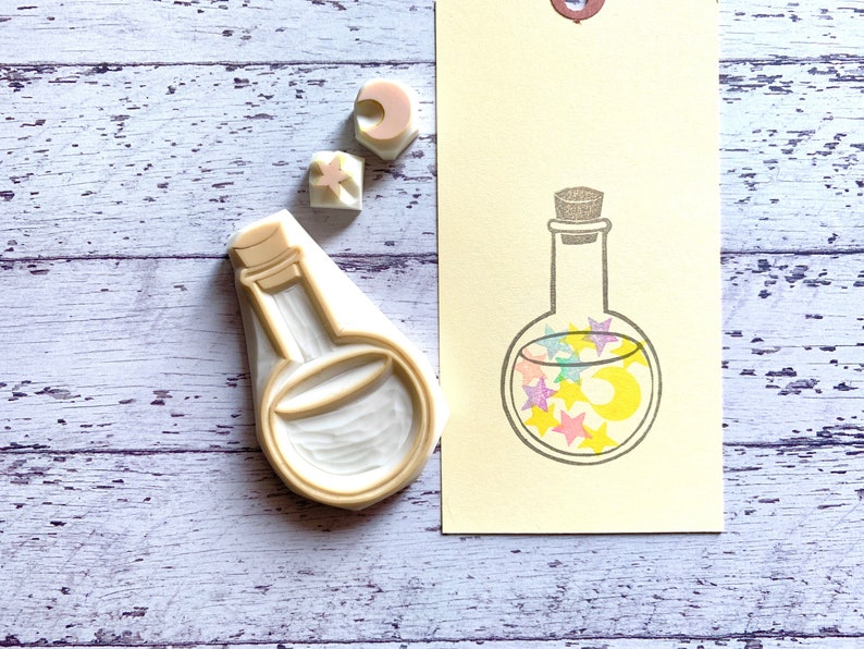 Magic potion bottle rubber stamp, Glass bottle crescent moon & star stamps, Hand carved stamps image 1