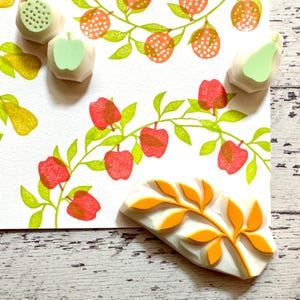 Fruit rubber stamp set, Apple pear orange & leaf stamps, Hand carved stamps for journaling