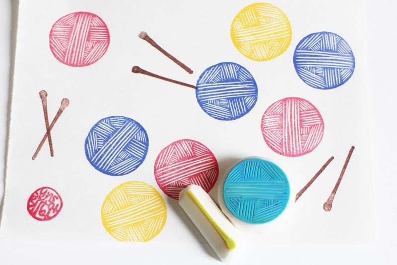 Knitting rubber stamp set, Wool yarn & knitting needle stamps, Hand carved stamps, Gift for knitter