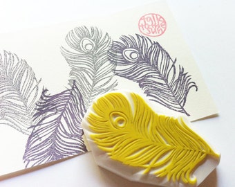 Peacock feather rubber stamp, Bird feather stamp, Hand carved stamp by talktothesun