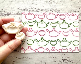 Japanese sencha green tea rubber stamp, Tea pot & tea cup stamps, Hand carved stamps