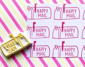 Mailbox rubber stamp, Happy mail stamp, Hand carved stamp by talktothesun