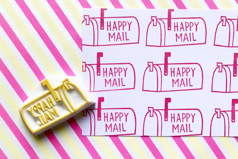 Mailbox rubber stamp, Happy mail stamp, Hand carved stamp by talktothesun image 1