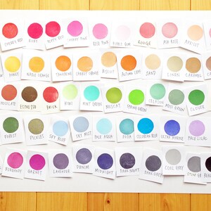 May include: A chart of 48 different colored paint swatches with the name of each color written below the swatch.