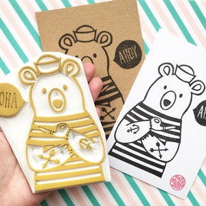 Tampon en caoutchouc marin ours polaire, tampon animal drôle, tampon sculpté à la main, cadeau pour les créatifs