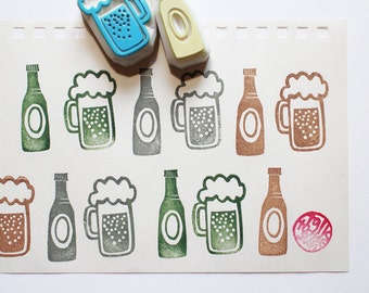 Beer rubber stamp set, Beer glass & beer bottle stamps, Hand carved stamps