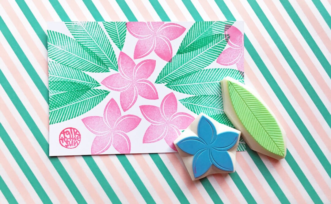 Plumeria Rubber Stamp Set, Frangipani Stamp, Flower & Leaf Stamps, Hand