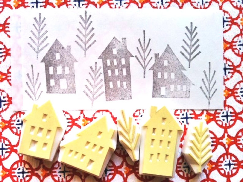 Winter Street Rubber Stamp Set House & Tree Stamps Hand Etsy