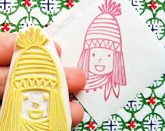 Girl wearing knitted cap rubber stamp, Hand carved stamp by talktothesun, Gift for kids