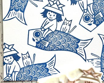 Hand Carved Koinobori & Boy Rubber Stamp: Japan Inspired Design