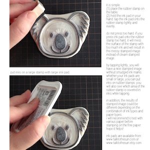 A sample image of instructions how to put inks evenly using small or large ink pads on hand carved rubber stamps. Each ink pad is held in the hand, hand carved stamps are placed on the table and tapping ink pad onto the stamps to put inks.