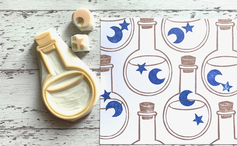 Magic potion bottle rubber stamp, Glass bottle crescent moon & star stamps, Hand carved stamps image 2