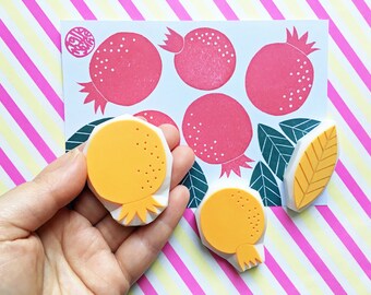 Pomegranate Rubber Stamp Set | Hand Carved Stamps | Botanical Fruit Design